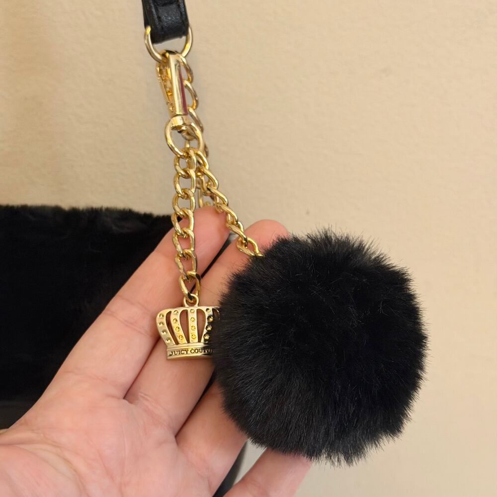 Juicy Couture Crossbody Bag Faux Fur Black Y2K Glam Aesthetic Pompom Chain Strap - Picture 7 of 11